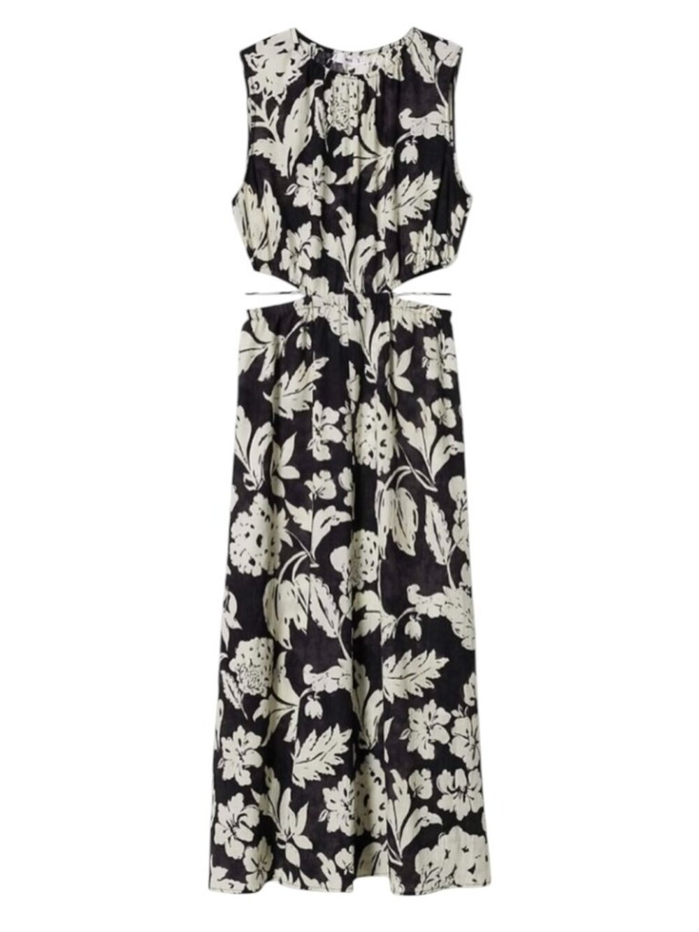 MNG Mango Willow Side Cut Out Maxi Dress Crinkle Floral Black Gray 4